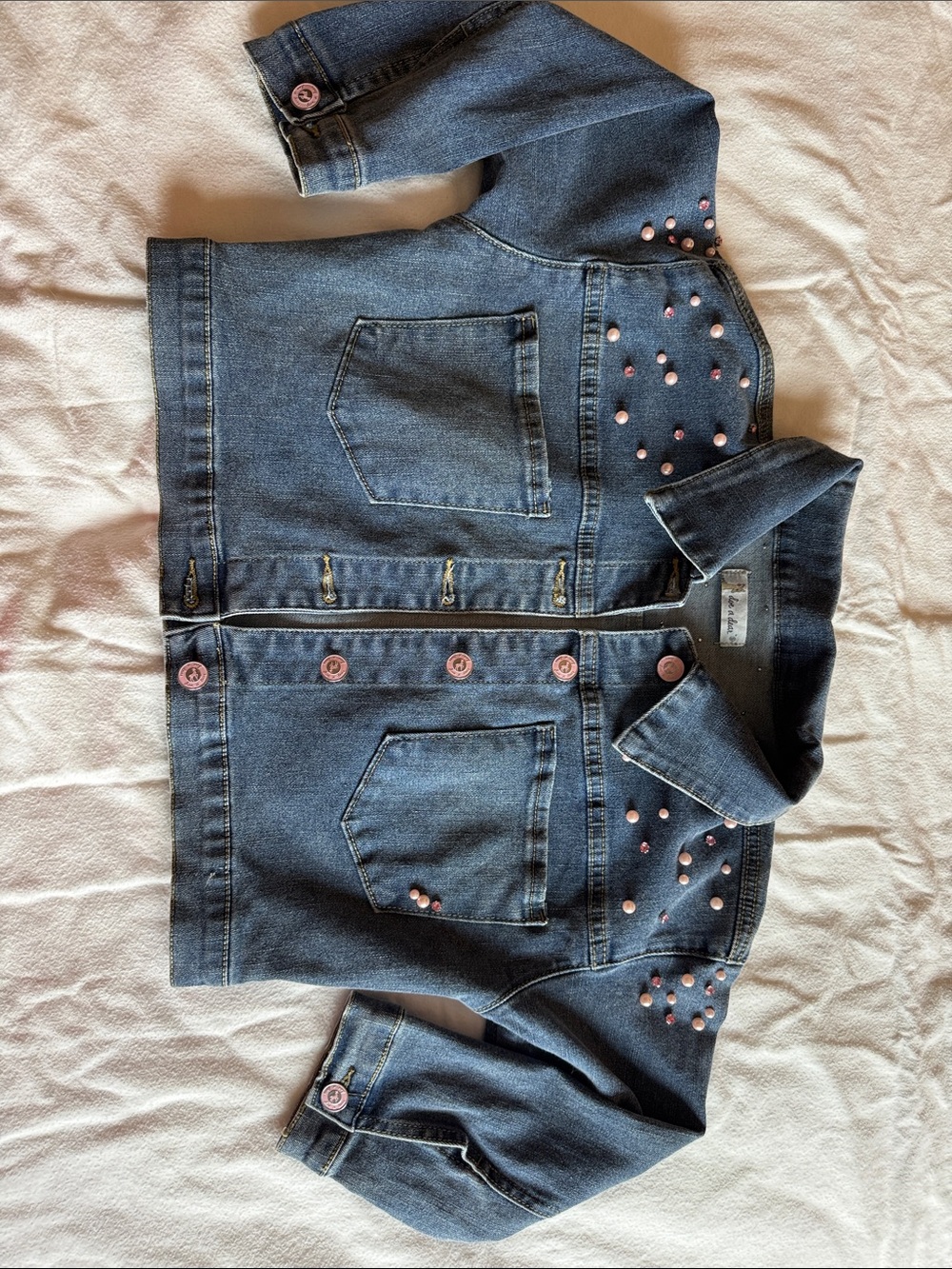 Girls' Dark Blue Denim Jacket with Pink Stud Accents